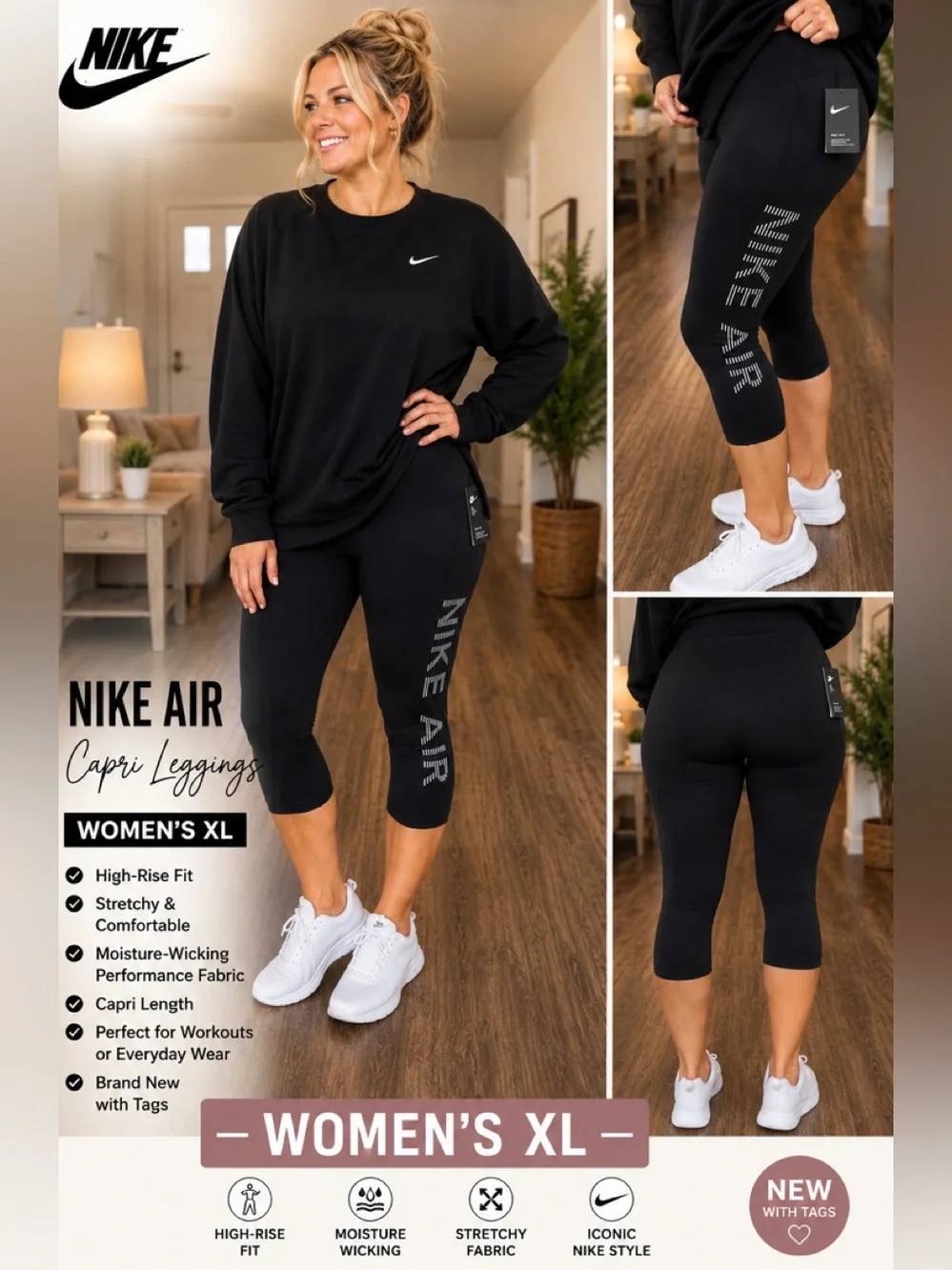 Nike Air Black Capri Leggings with NIKE AIR Side Logo with crewneck